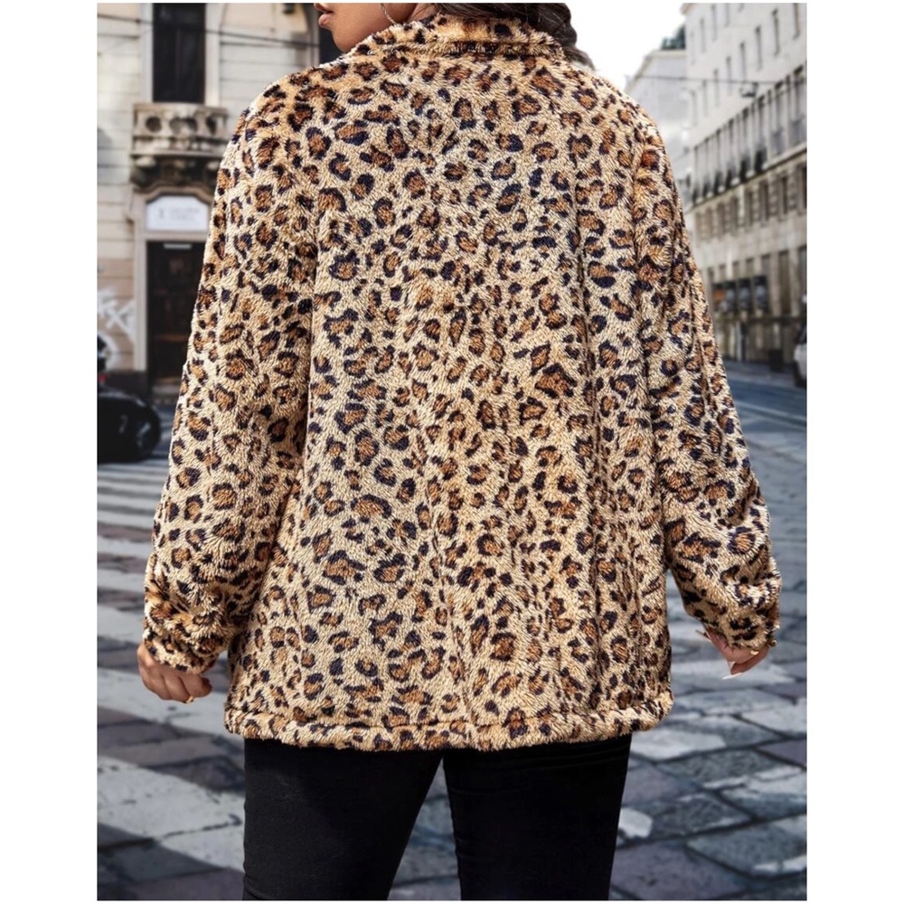 Plus Cozy Vegan Fur Leopard Print Jacket Coat - Picture 4 of 4